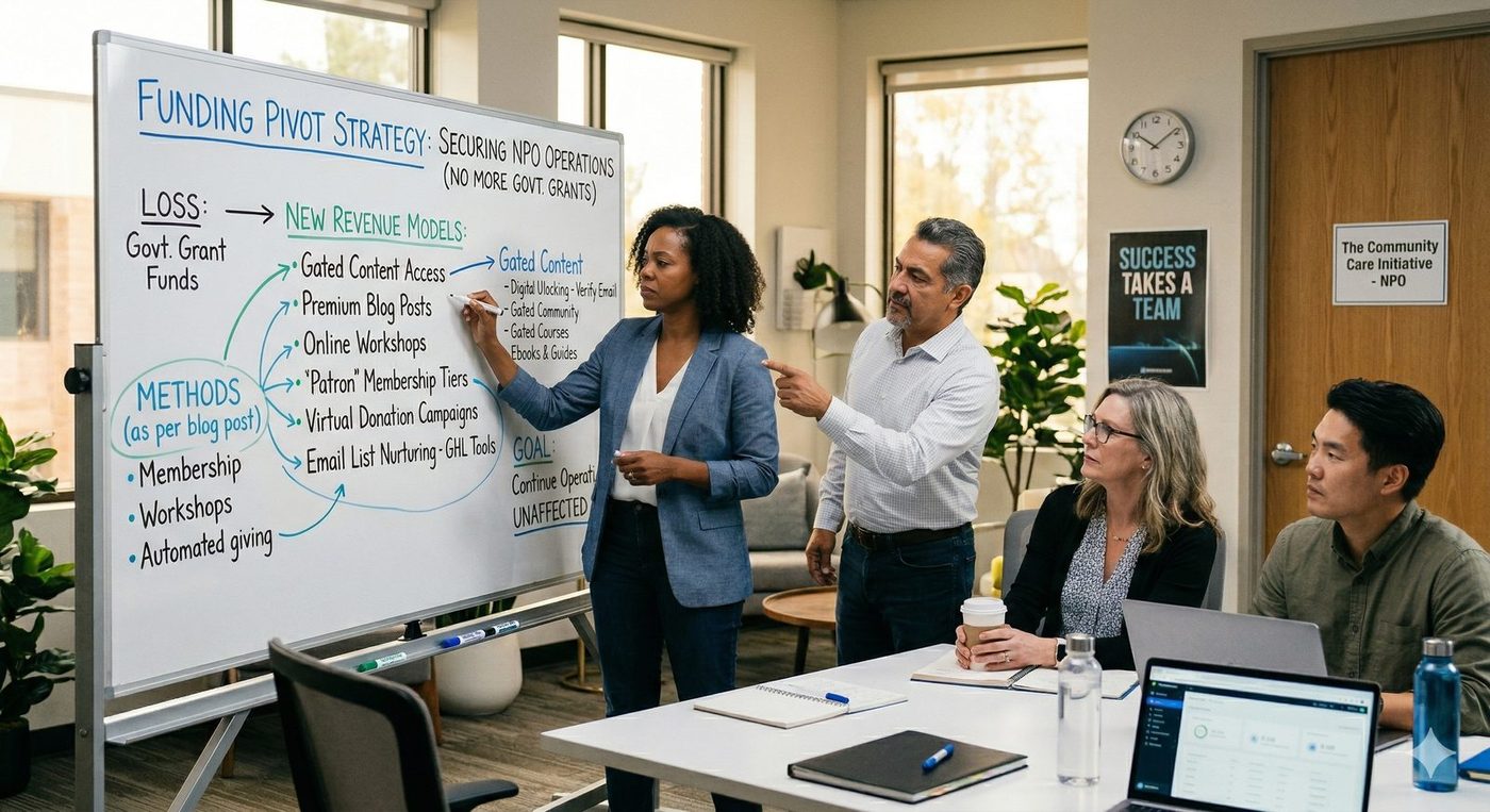 Nonprofit team at whiteboard planning a funding pivot strategy