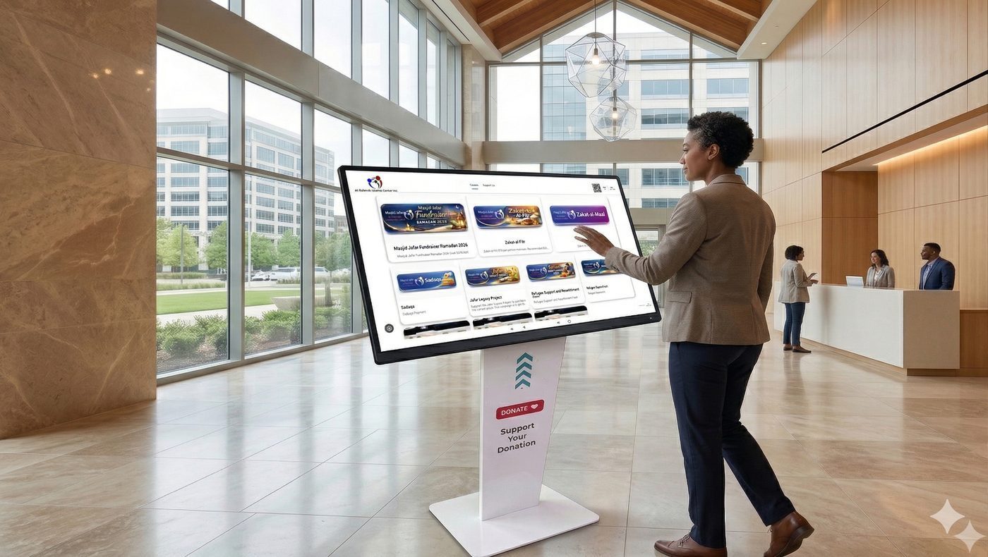 Woman using Extensia TapReady kiosk in modern nonprofit lobby
