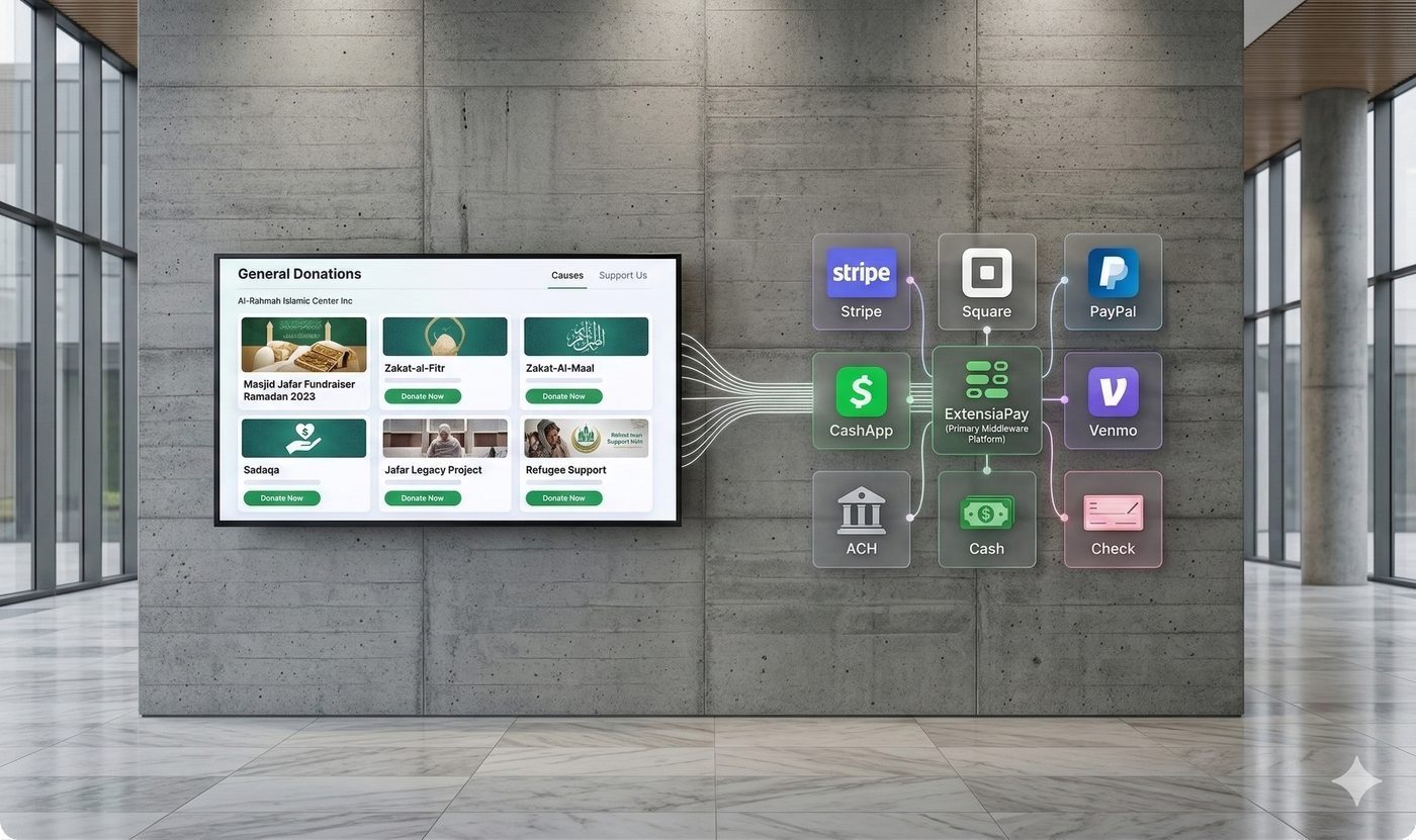 ExtensiaPay middleware connecting Extensia to Stripe, Square, PayPal, CashApp, Venmo, ACH and more