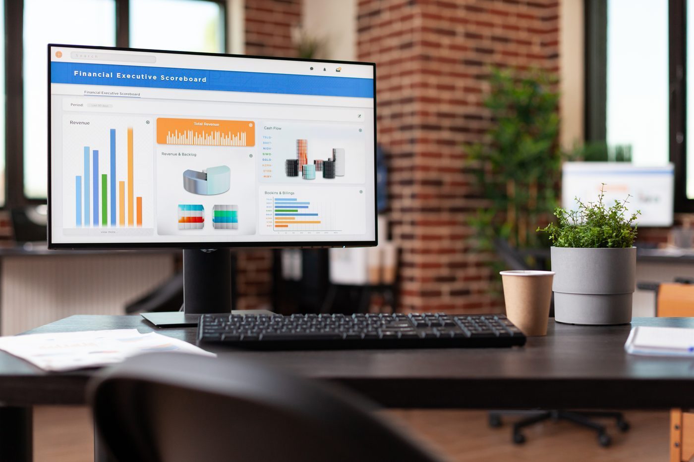 Financial executive scoreboard dashboard on desktop monitor